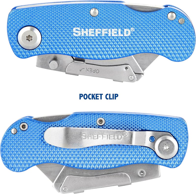 Sheffield 12514 Folding Utility Knife 3 Pack,Stocking Stuffers, Gifts for Men, Dad Gifts, Quick Change Utility Knife Blades, Compact Aluminum Handle, Box Cutter, Razor Blades Included - Image 3
